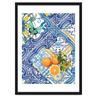 Mediterranean blue tiles, butterflies and citrus fruit