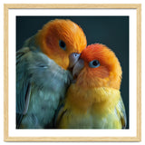 Lovebirds Couple Nuzzling With Orange And Yellow Feathers thumbnail