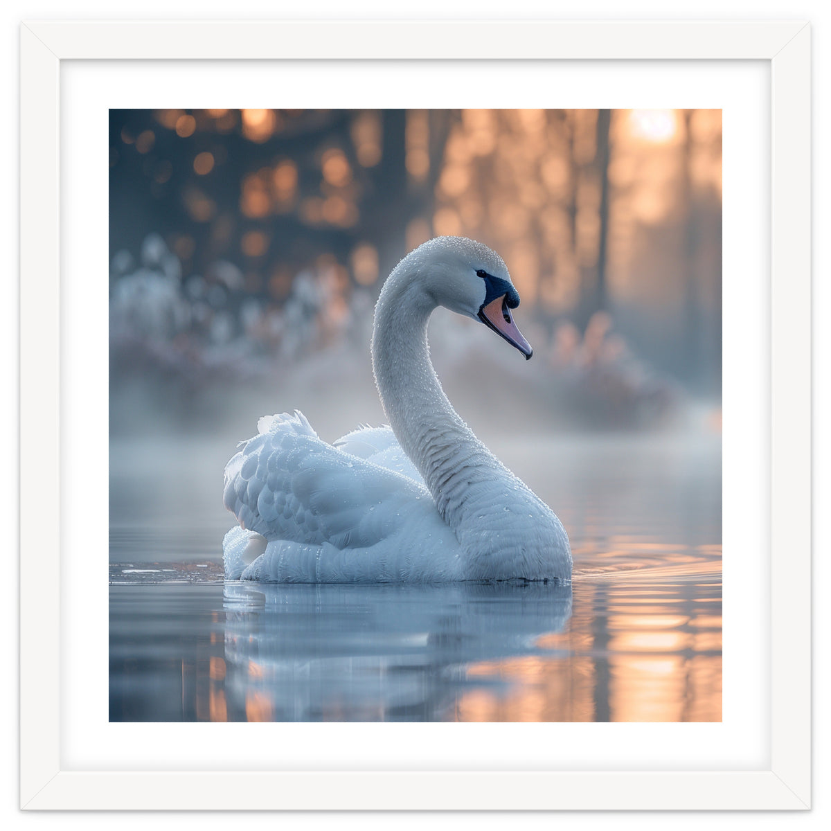 Serene White Swan Gliding On Misty Water