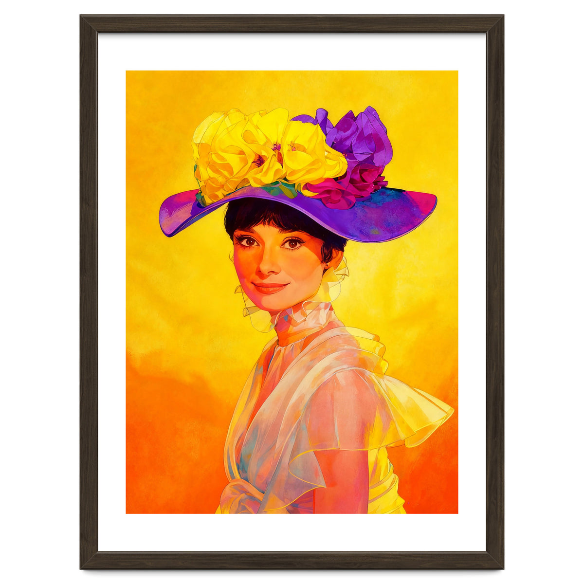 Audrey Hepburn Pop Art, Vibrant Floral Hat Portrait, Iconic Movie Star Illustration