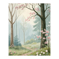 Enchanted Spring Woodland Path with Blooming Cherry Blossoms and Misty Pastel Forest Atmosphere (Print Only)