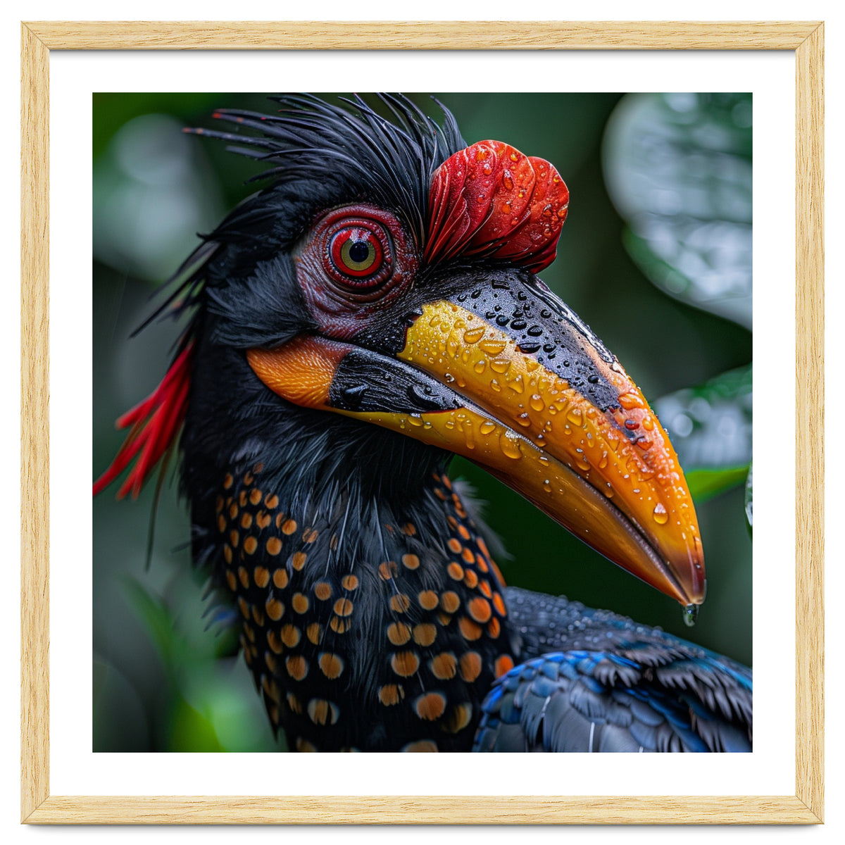 Close Up Of Helmeted Hornbill Bird In Rain