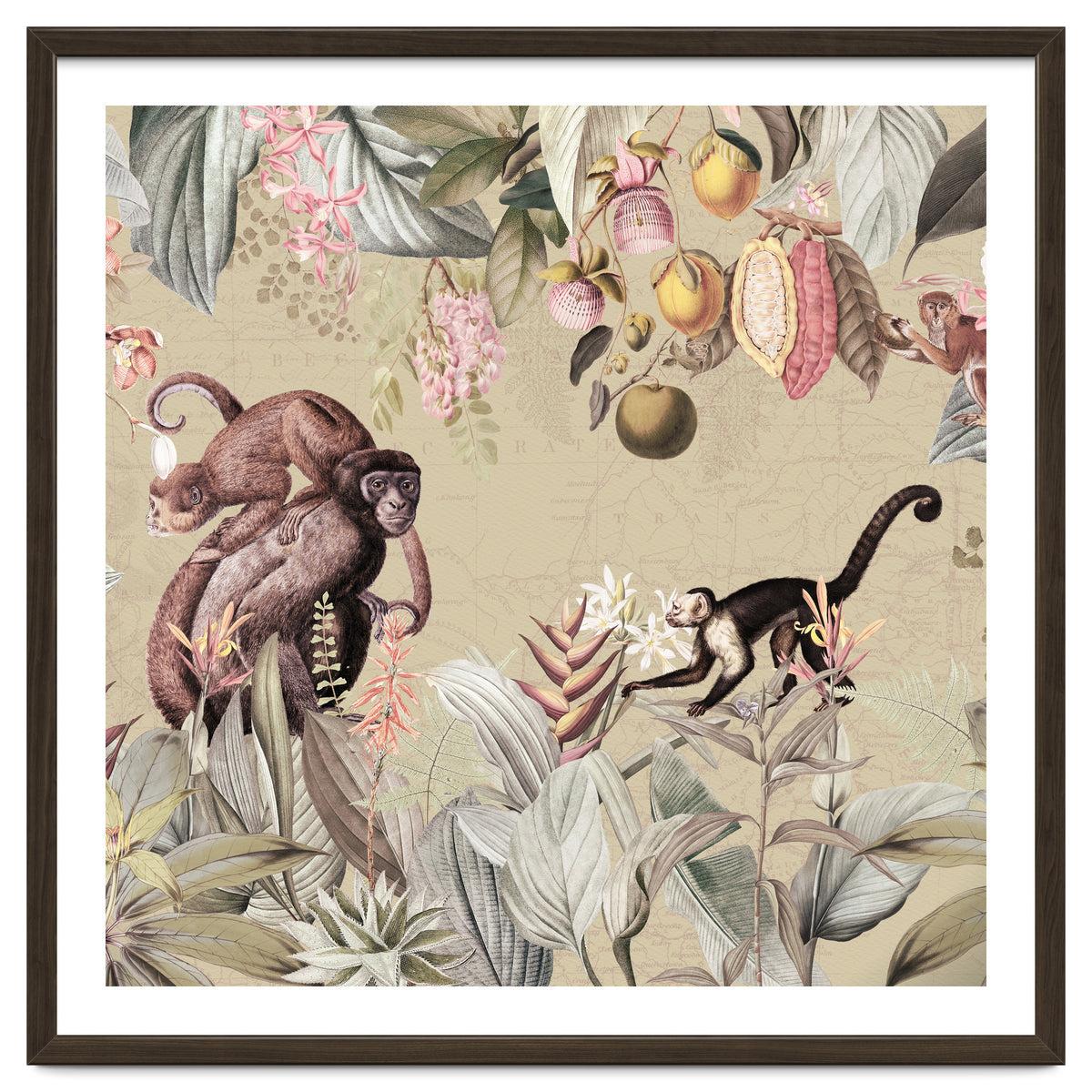 Vintage Exotic Monkeys In African Jungle Landscape