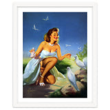 Beautiful Pinup Girl Feeding White Pigeons thumbnail