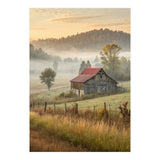 Rustic Red Roof Barn in Misty Morning Valley Landscape (Print Only) thumbnail