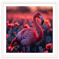 Pink Flamingo Bird Standing Among Flowers At Sunset