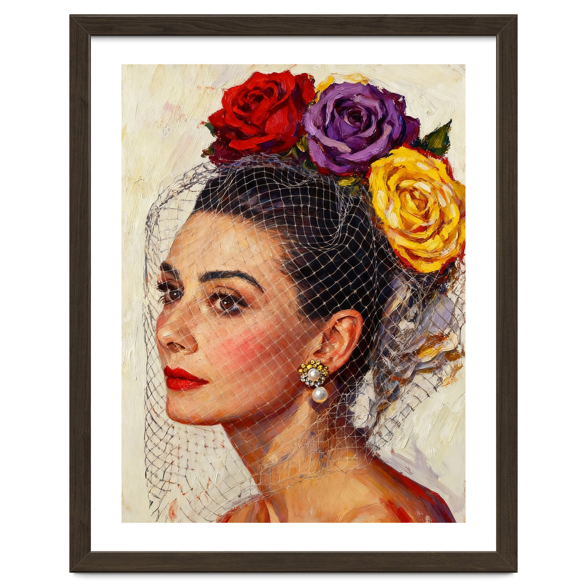Audrey Hepburn, Impasto Floral Veil Portrait, Classic Hollywood Oil Painting,