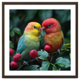 Lovebirds Perched Amidst Red Berries And Green Foliage thumbnail