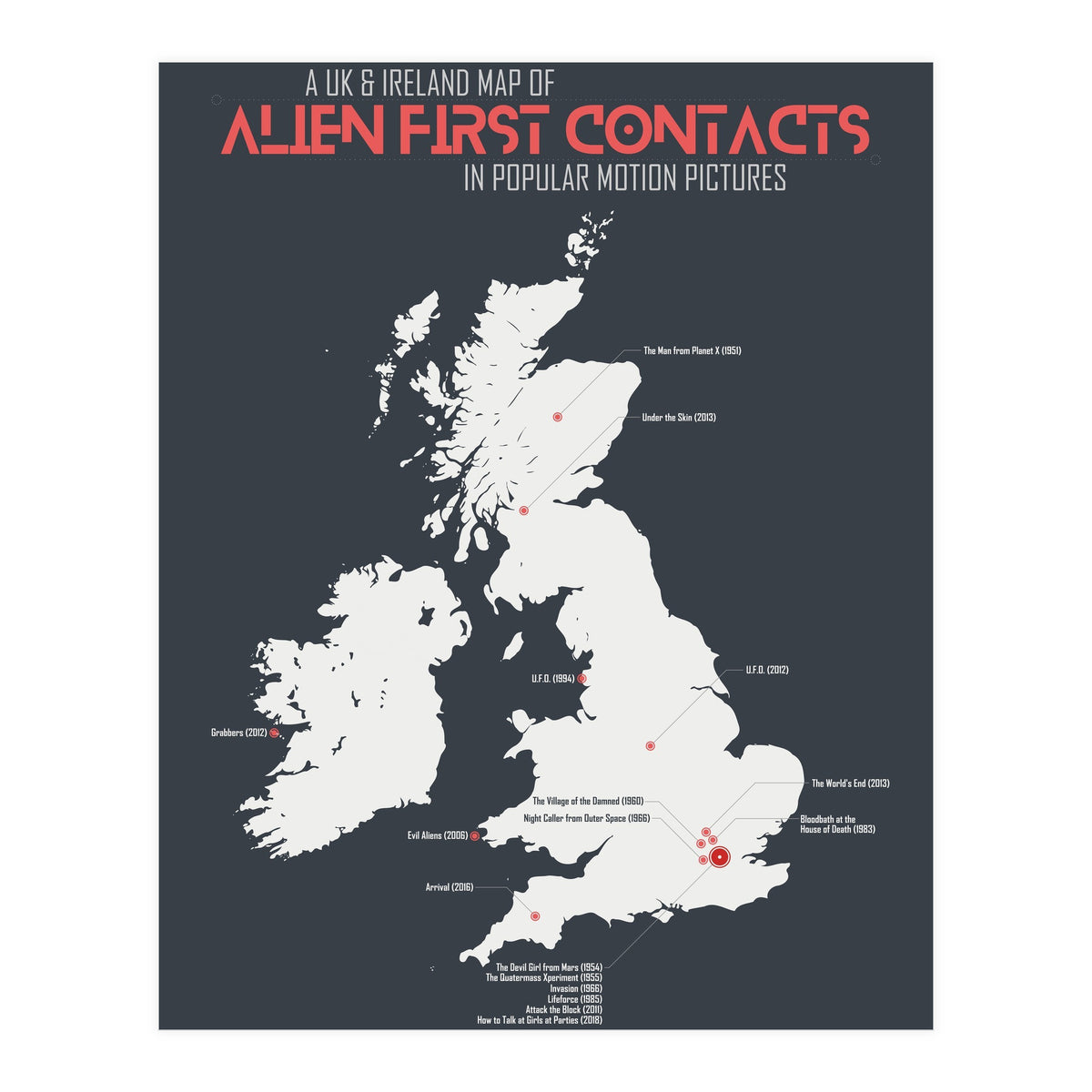 UK & Ireland Map of Alien First Contacts in Movies (Print Only)