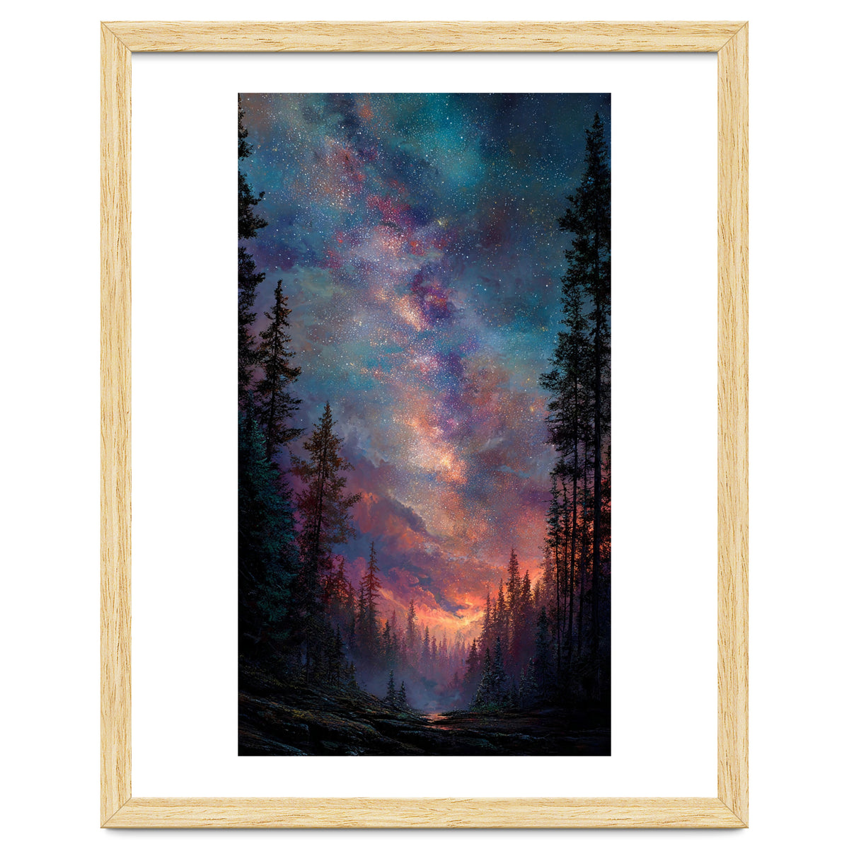Magical Milky Way Night Sky over Pine Forest Silhouette Art