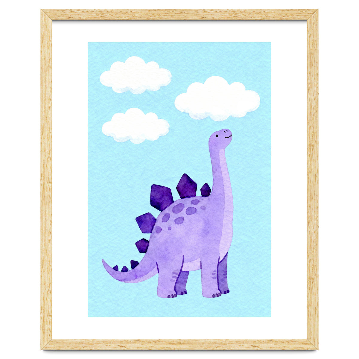 Purple Stegosaurus Watercolor Art, Cute Dinosaur Nursery Print, Dino and Clouds Illustration