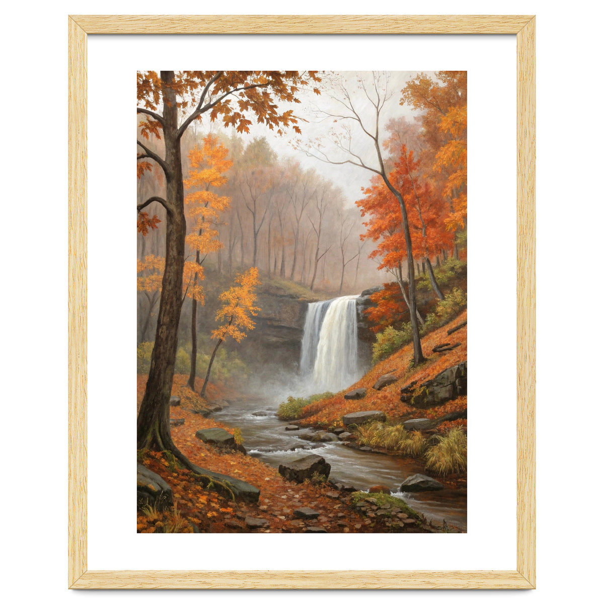 Serene Autumn Waterfall in Misty Forest