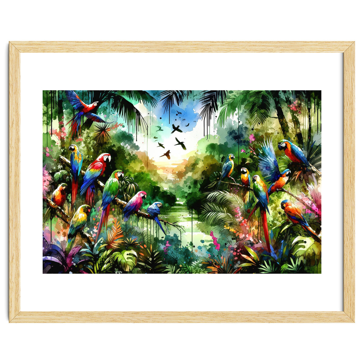 Watercolor Tropical Birds In The Jungle