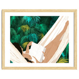 Summer Hammock Reading, Tropical Jungle Travel, Watercolor Nature Bohemian Forest Plants, Palm Beach thumbnail