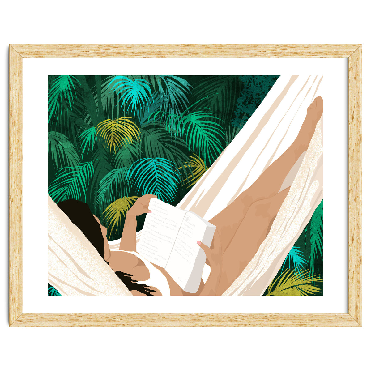 Summer Hammock Reading, Tropical Jungle Travel, Watercolor Nature Bohemian Forest Plants, Palm Beach