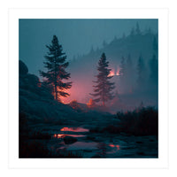 Atmospheric Twilight Pine Forest with Glowing Crimson Light (Print Only)