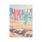 Laundry Drying by the Sea, Colorful Clothes on a Beach Clothesline, Coastal Summer Pastel Painting, Relaxing Ocean Shore Art Print (Print Only) thumbnail