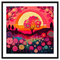 Folk Sunset Blossoming Tree