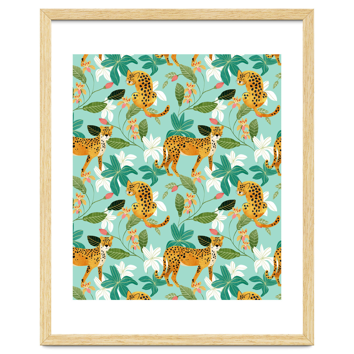 Cheetah Jungle, Wildlife Nature Wild Cats Tigers Leopard Botanical Animals Mint Quirky Illustration