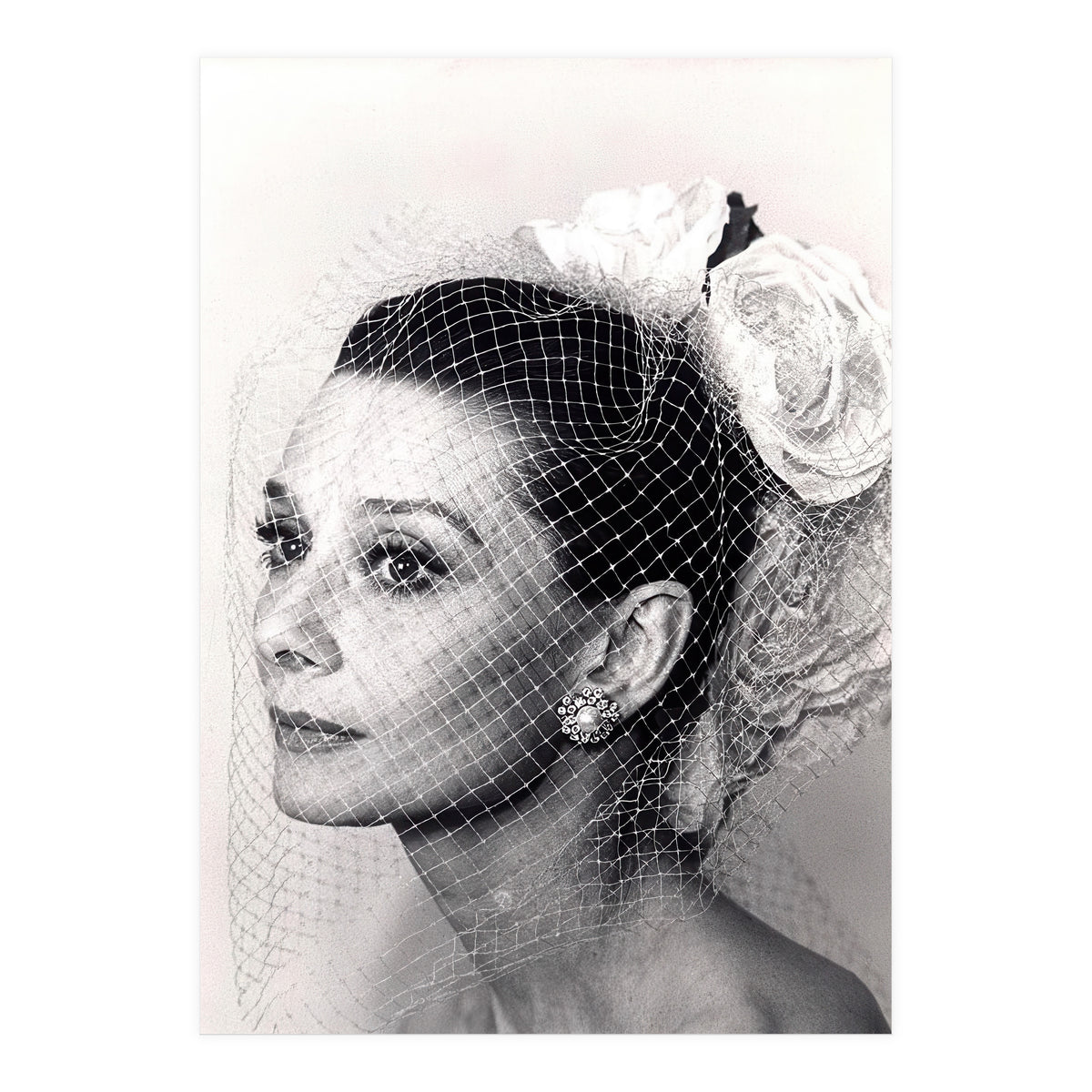 Audrey Hepburn with Veil, Classic Hollywood Glamour Photography, Black and White Icon Portrait (Print Only)