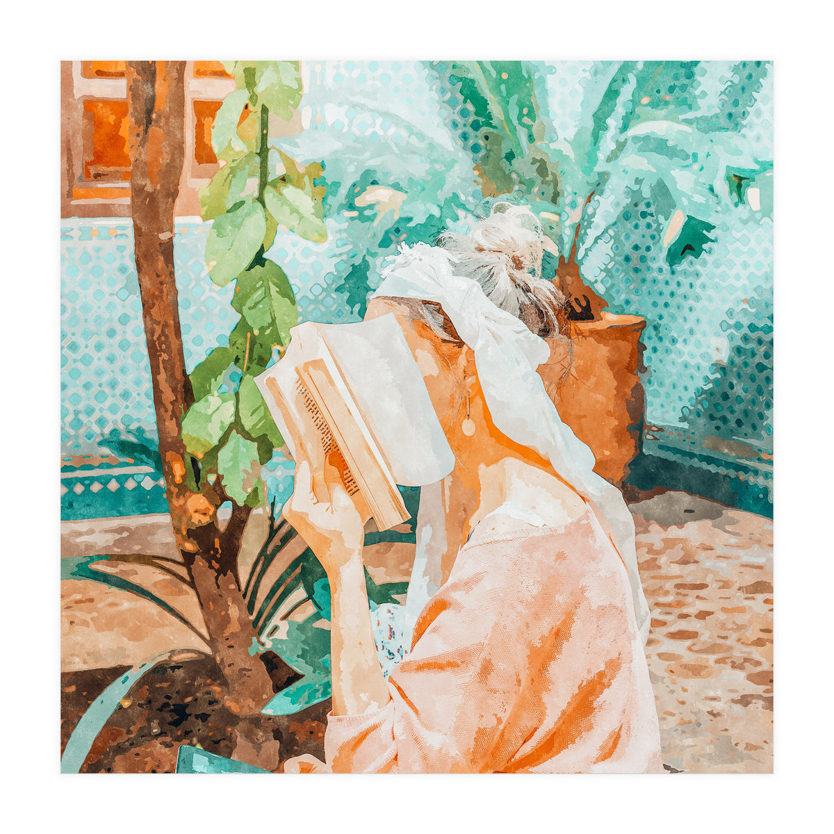 Turkish Reader | Morocco Travel Book Club | Modern Bohemian Woman Architecture | Watercolor Painting (Print Only)
