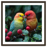 Lovebirds Perched Amidst Red Berries And Green Foliage thumbnail