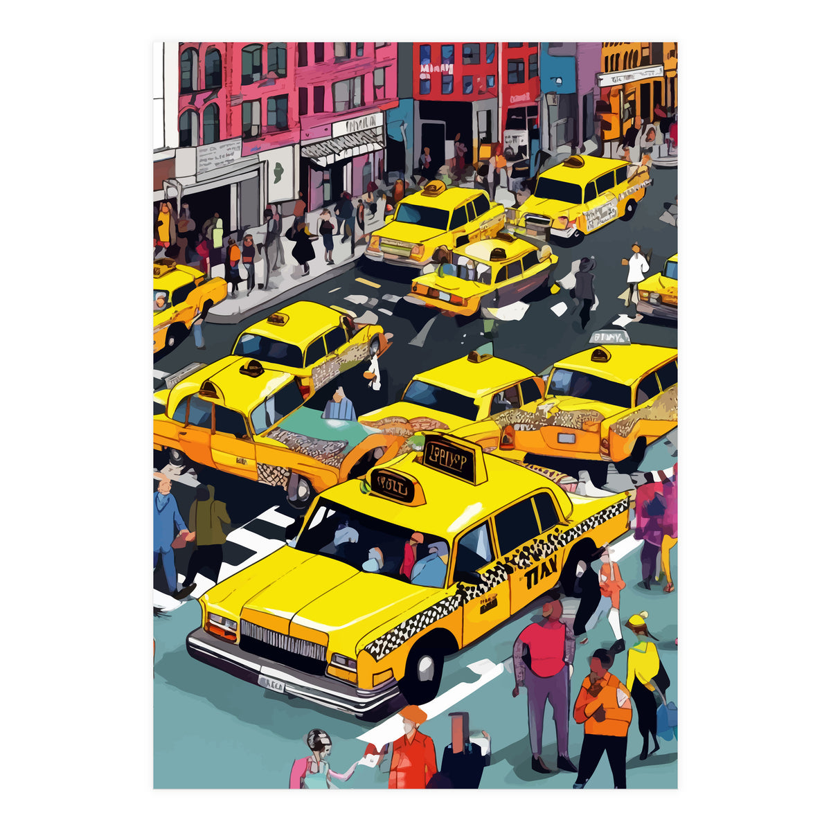New York Minute, Yellow Taxi Cab Manhattan Downtown Busy Street, Traffic People Buildings Times Square Eclectic Road Architecture (Print Only)