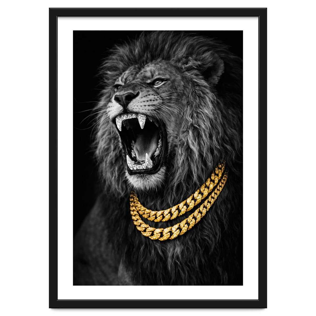 Bejweled hyper-realistic lion photography,diamond fangs portrait