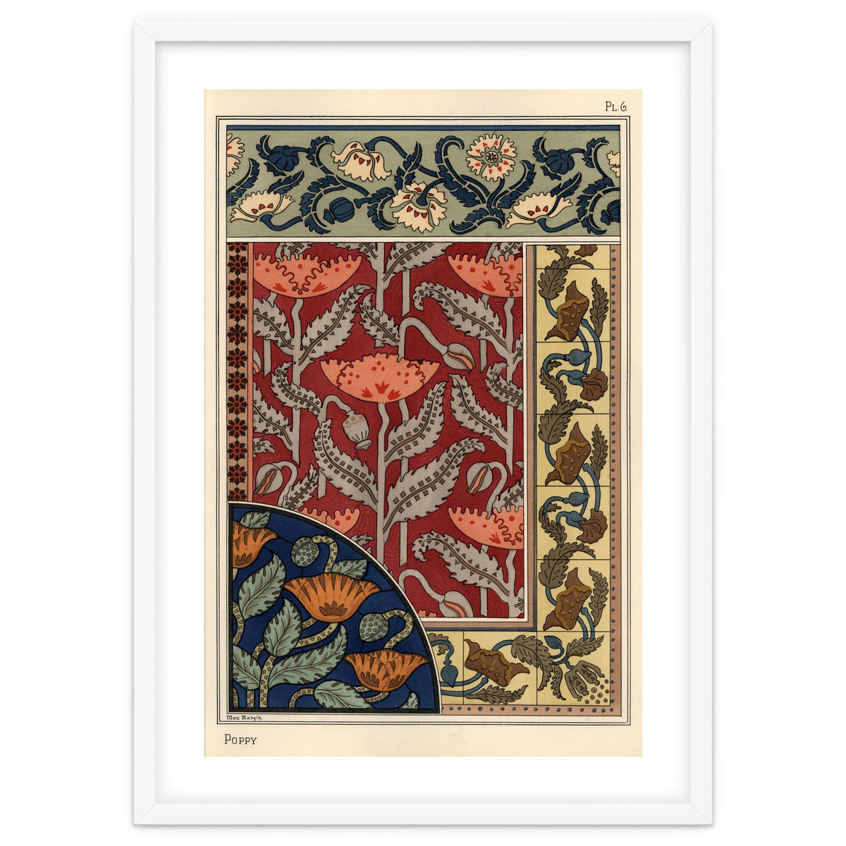 The poppy, Papaver somniferum, in stained glass, wallpaper, fabric and tile patterns. Lithograph ...