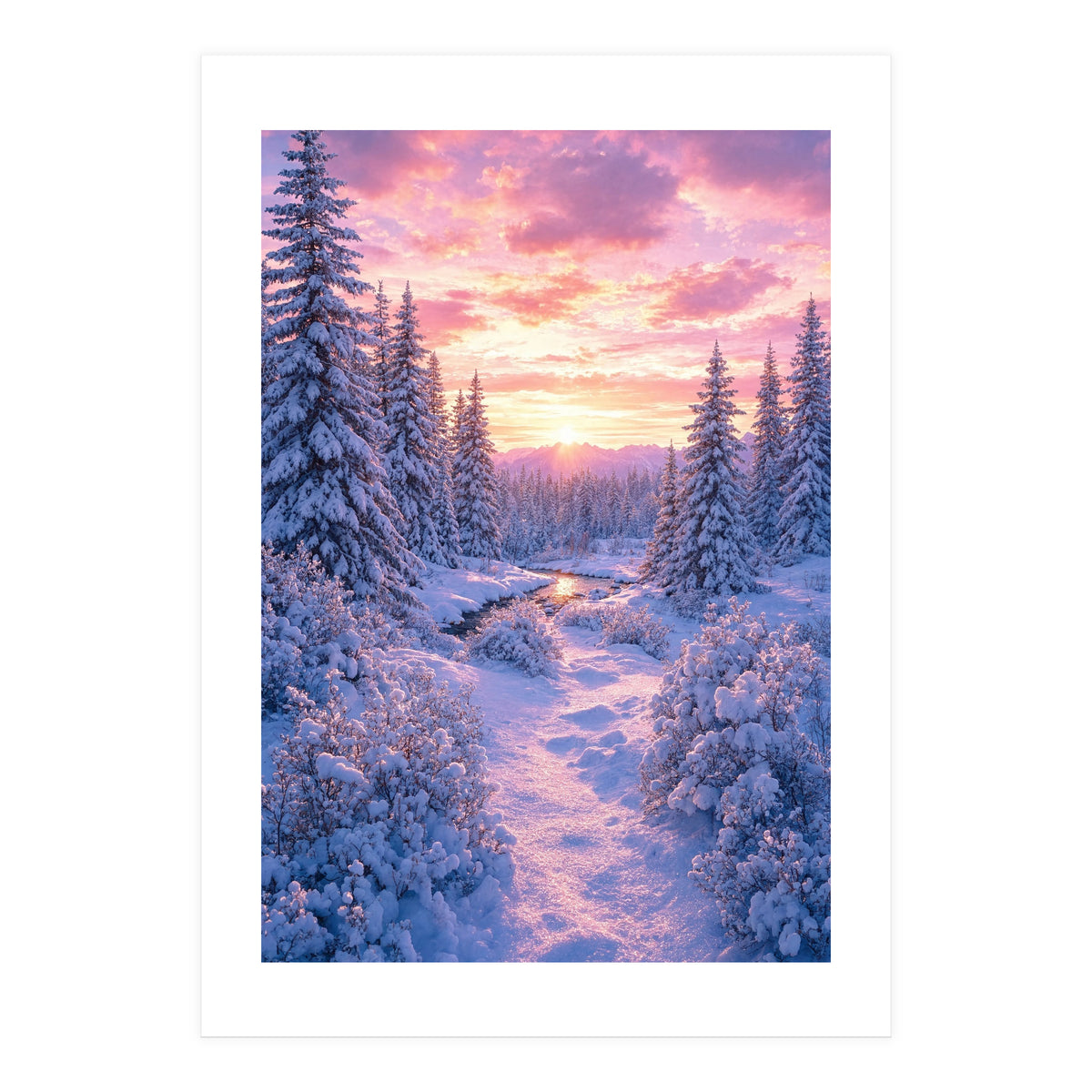 Winter Sunset Glow: Serene Snowy Forest and Frozen Creek (Print Only)
