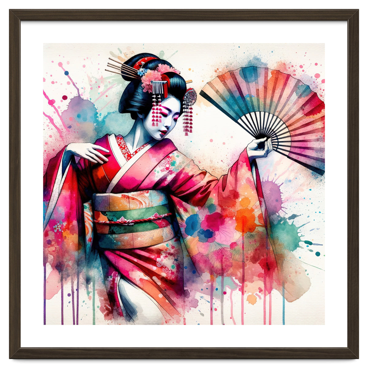 Vibrant Geisha With Rainbow Hand Fan