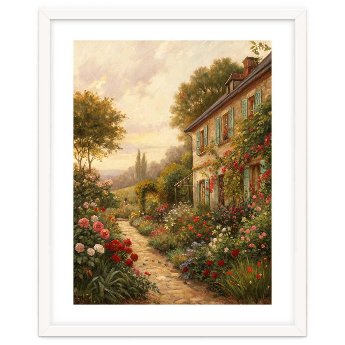 Idyllic Sunlit Cottage Garden Oil Painting