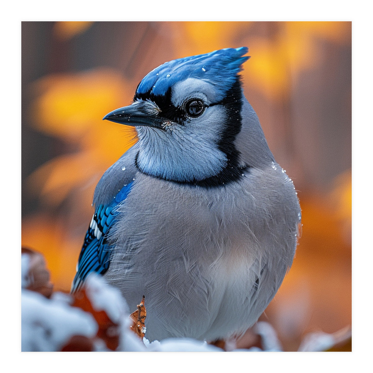 Blue Jay Bird In Winter Snowfall And Leaves (Print Only)