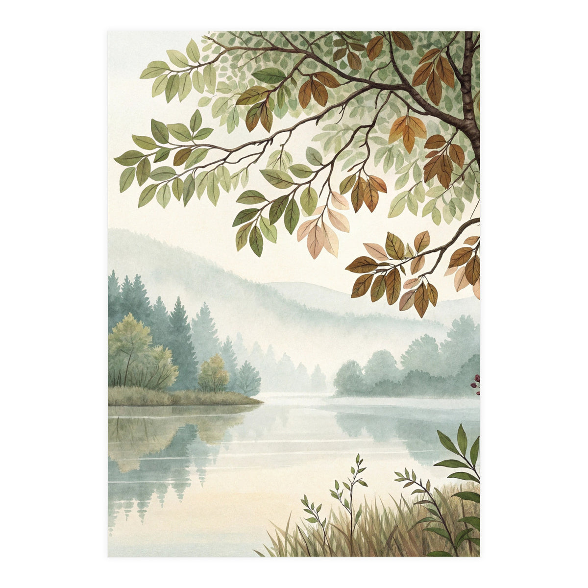 Tranquil Lakeside Forest Watercolor Painting with Overhanging Autumn Branches and Misty Mountain Reflection (Print Only)