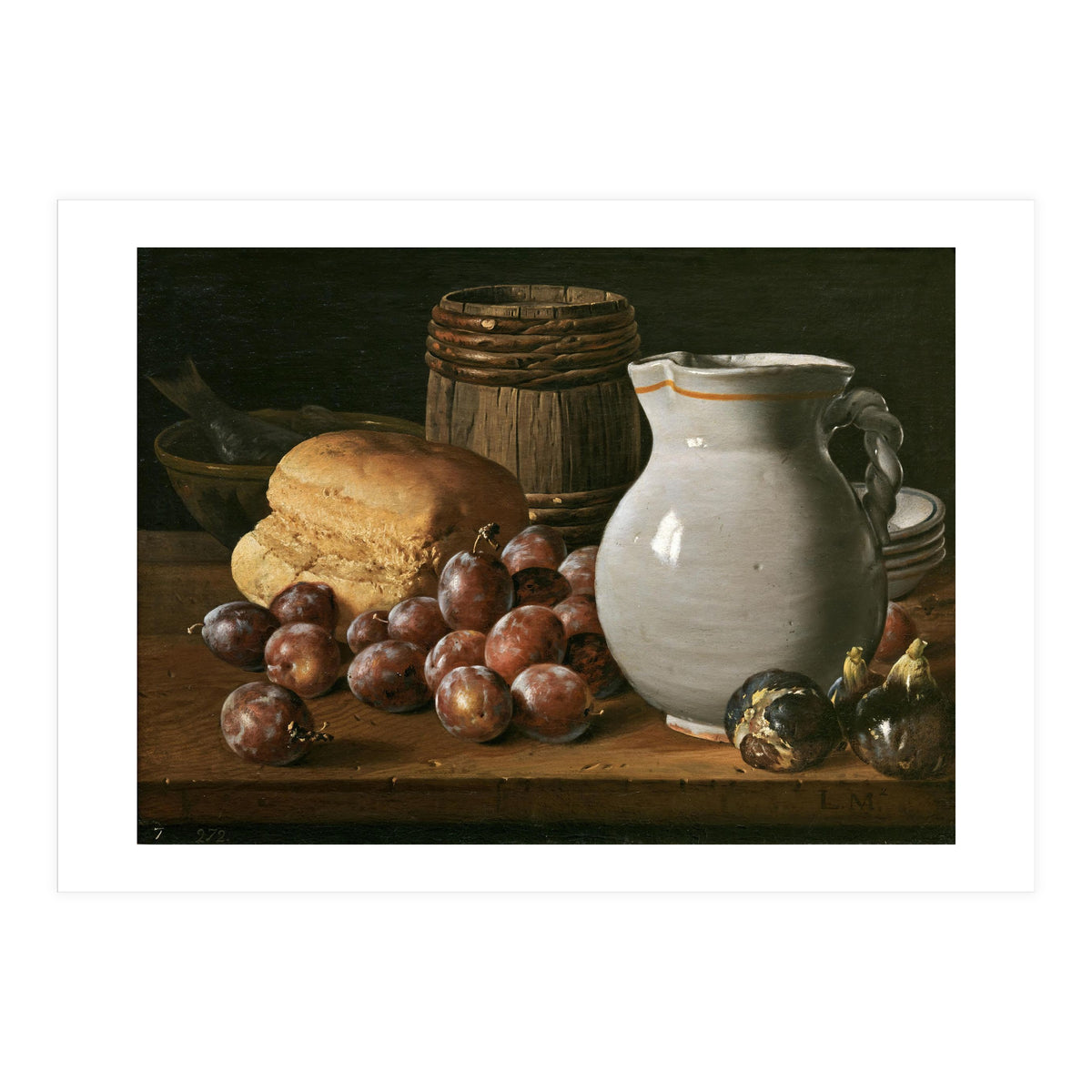 Luis Egidio Meléndez / 'Still Life with Plums, Figs, Bread and Fish', 18th century, Spanish School. (Print Only)