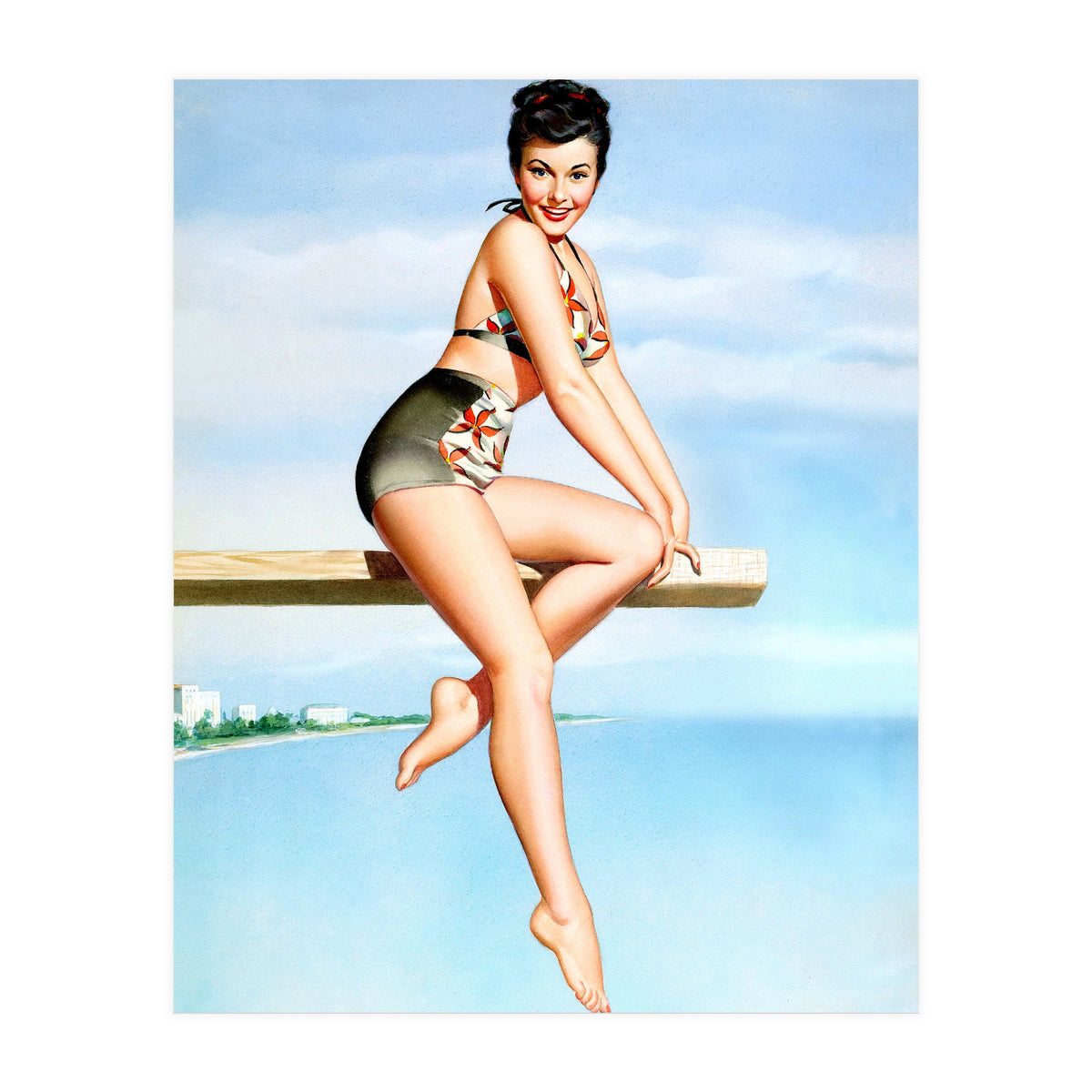 Smiling Sexy Pinup Girl Posing On A Board (Print Only)