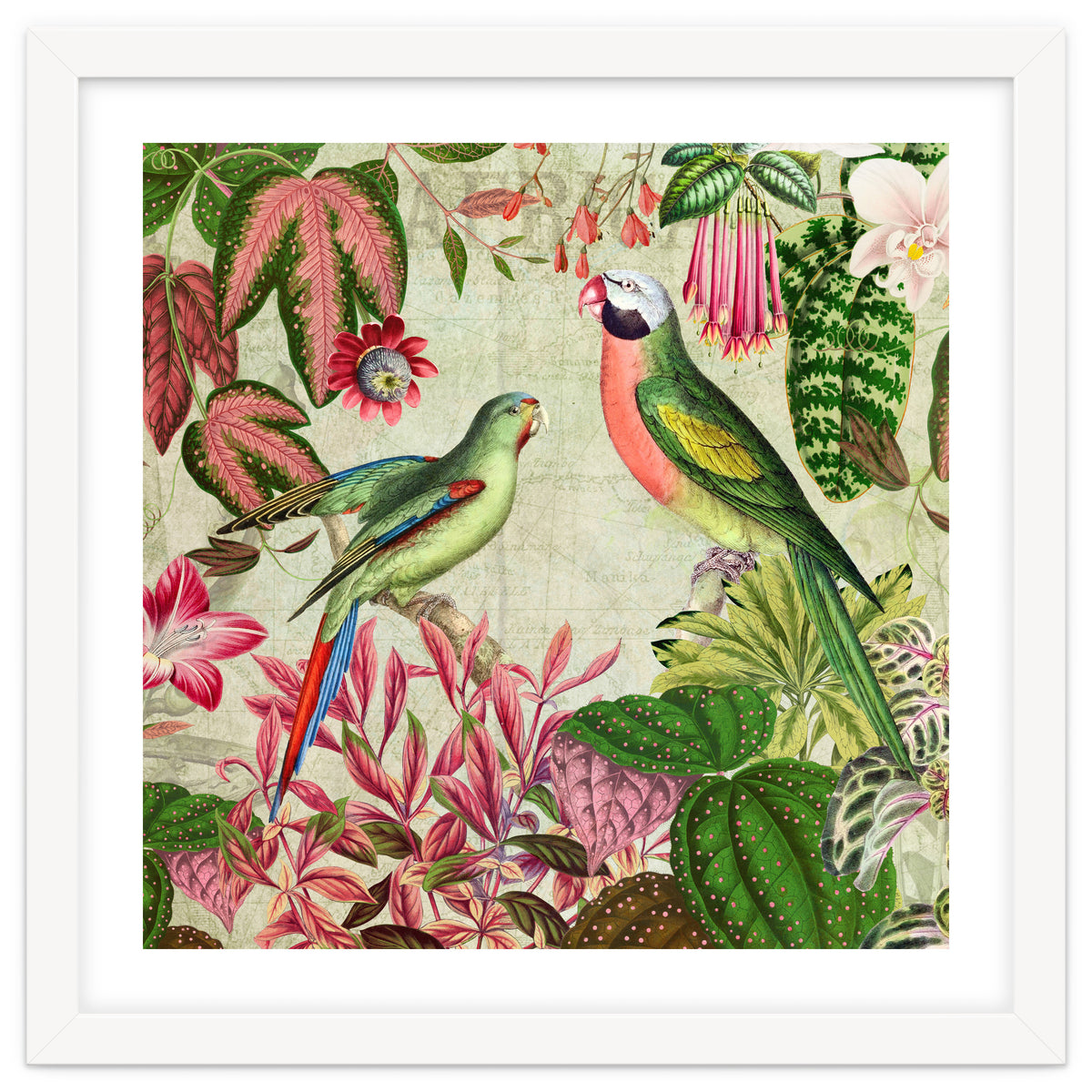 Exotic Lush Rainforest With Colorful Parrots And Flowers