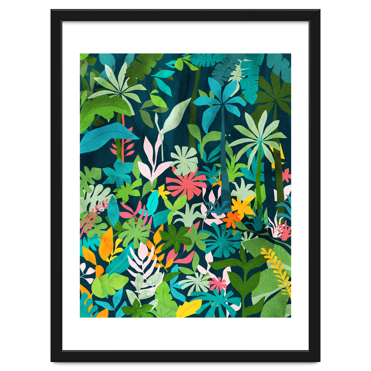 The Midnight Jungle, Botanical Nature Plants Tropical Forest, Watercolor Painting Floral Palm