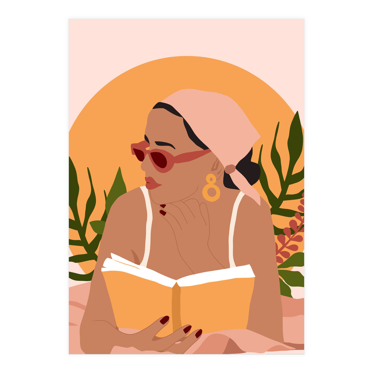 Bohemian Summer, Modern Boho Girl Reader, Books Read Self Care Self Love, Travel Hippie Nomad Black Woman (Print Only)