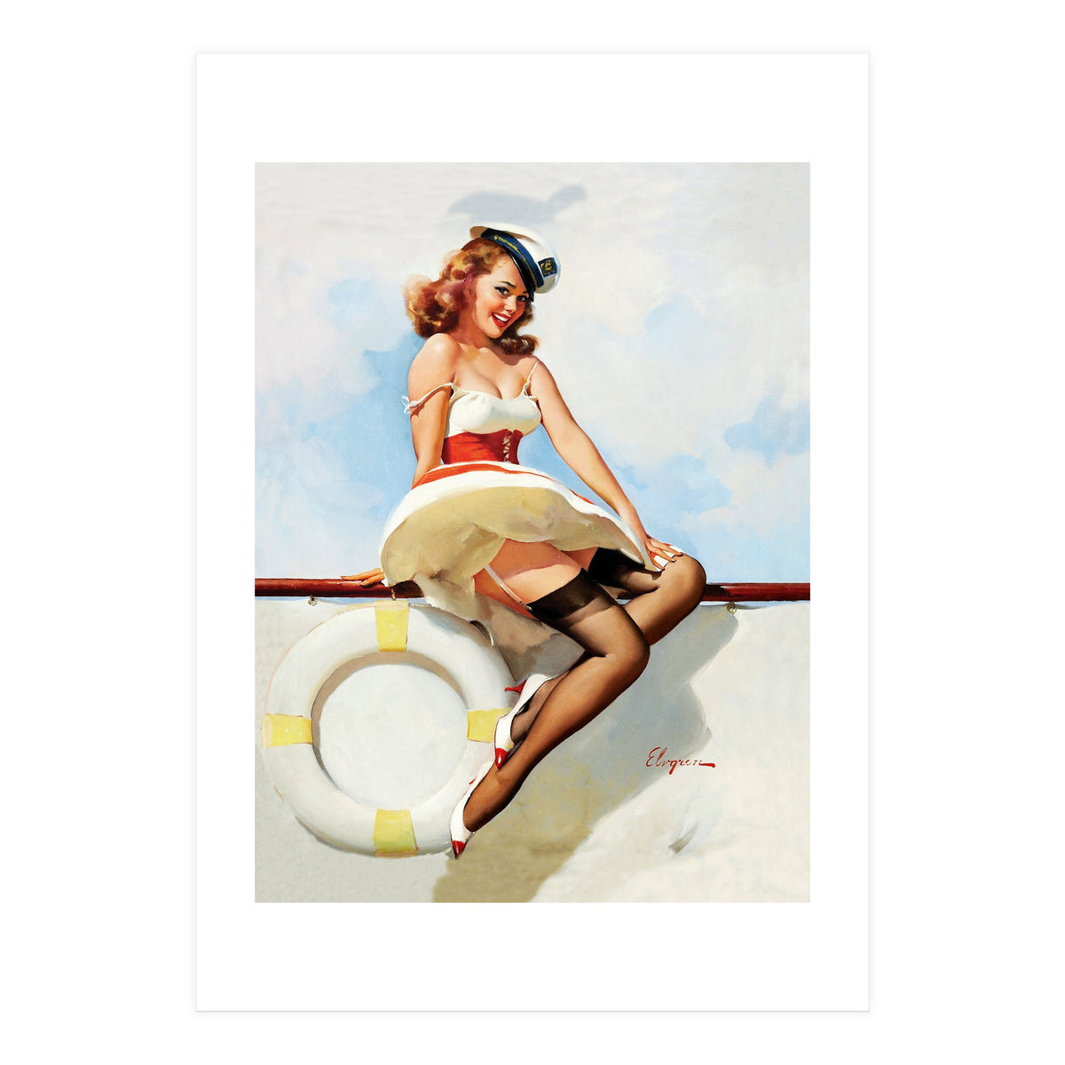 Sailing Pinup Girl With Captain Hat (Print Only)