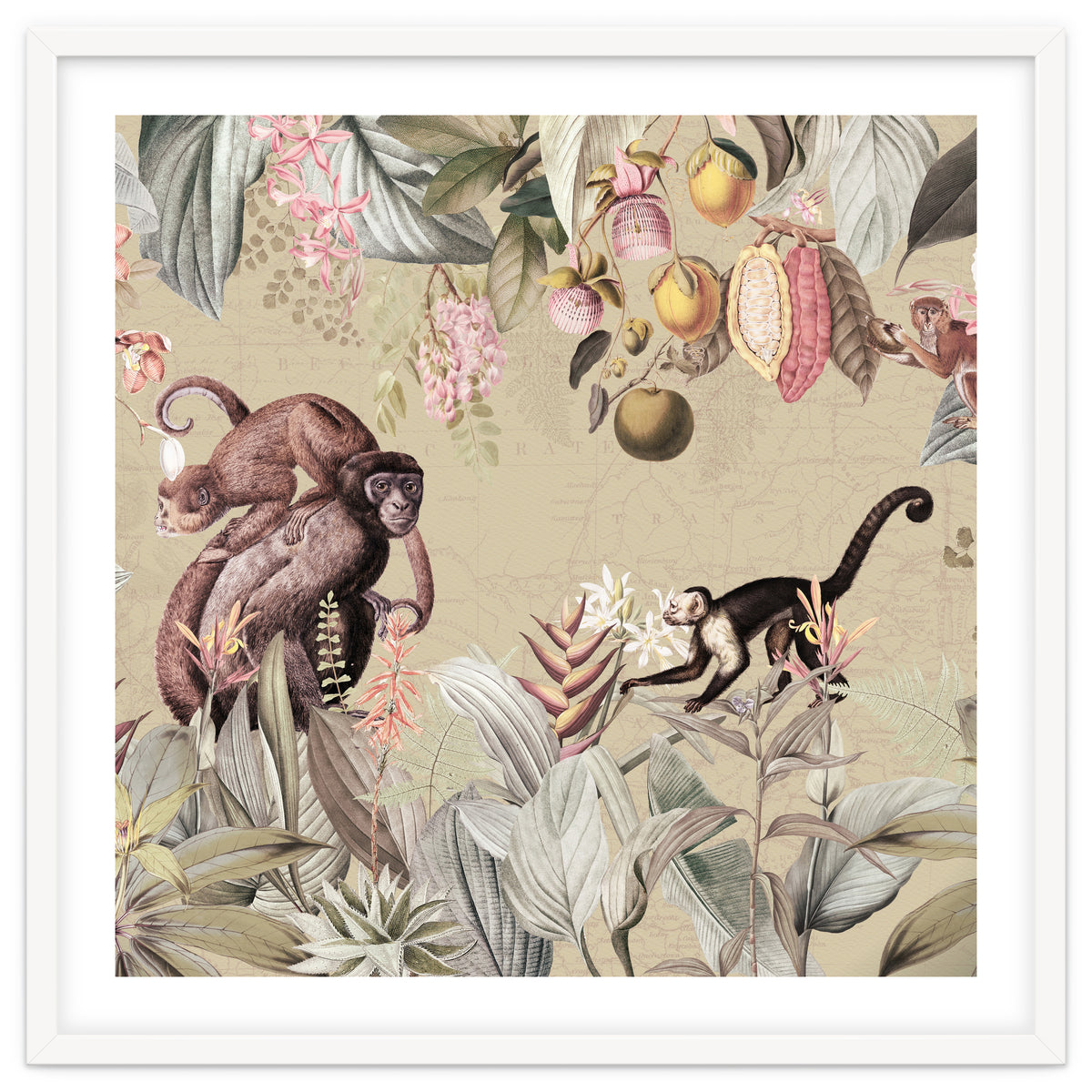 Vintage Exotic Monkeys In African Jungle Landscape