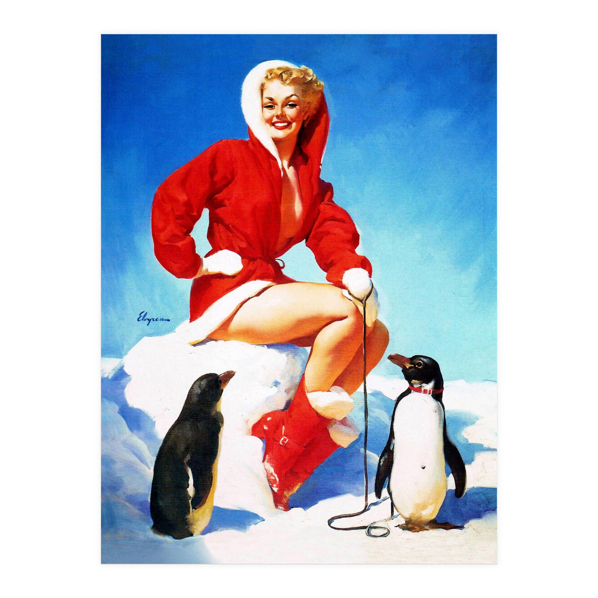 Pinup Sexy Woman Posing With Two Penguins (Print Only)