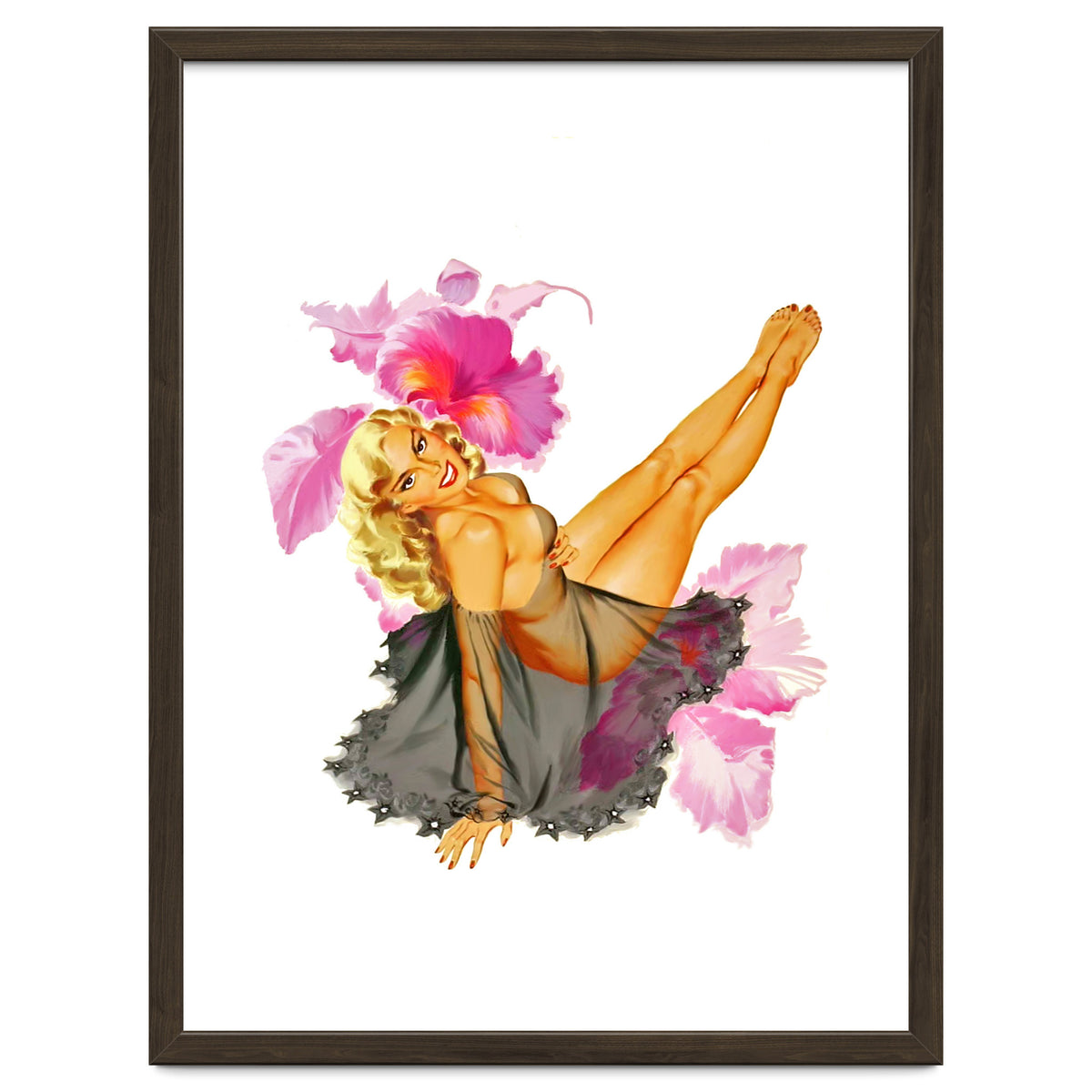 Pinup Sexy Woman Posing In Black Sleeping Dress