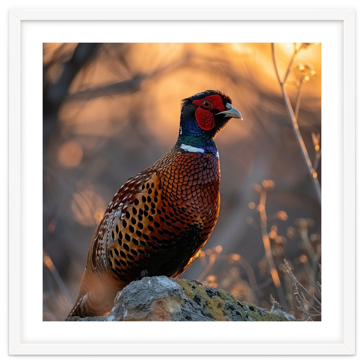 Pheasant Bird Standing On Rock Sunrise Light