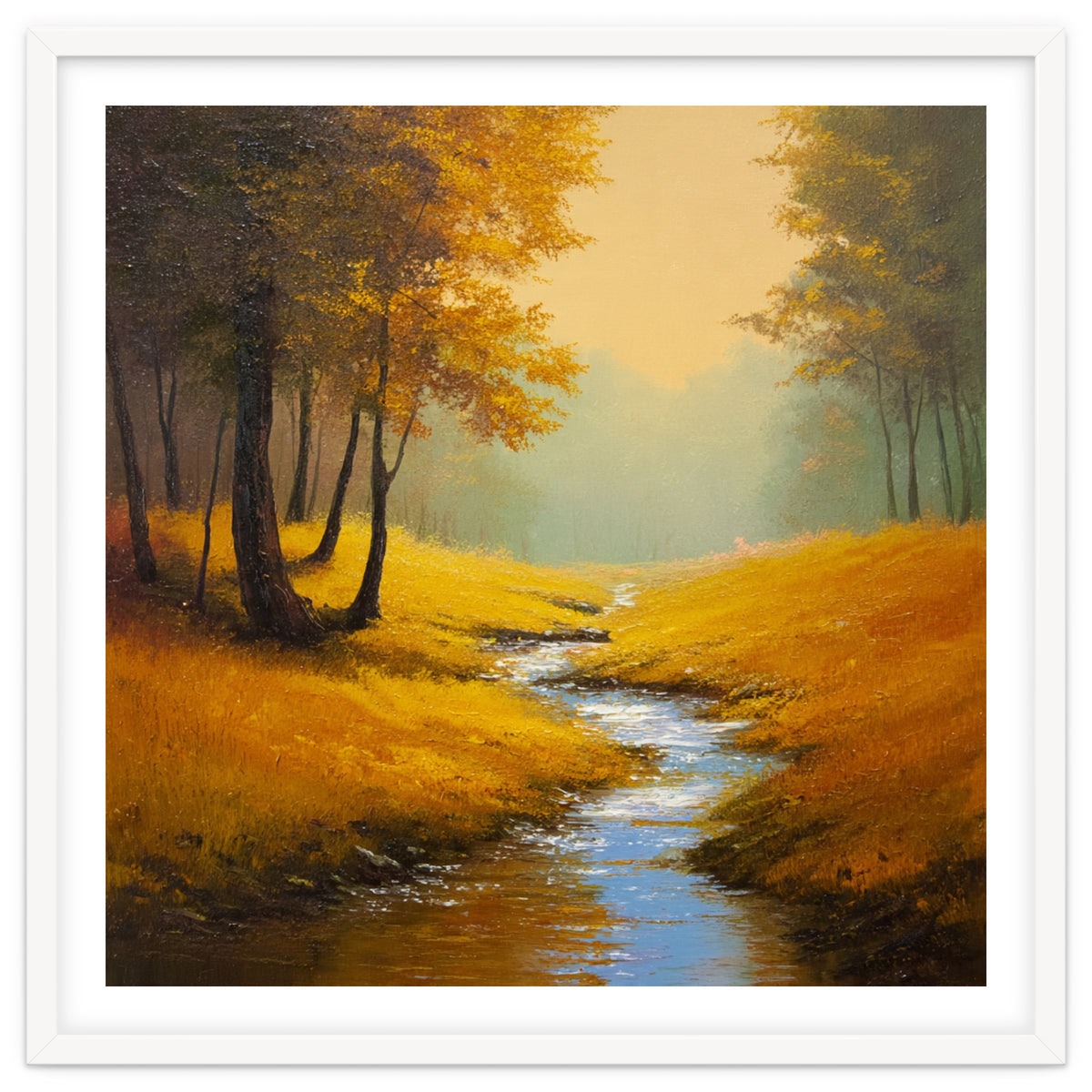 Golden Autumn Forest Path with Winding Creek