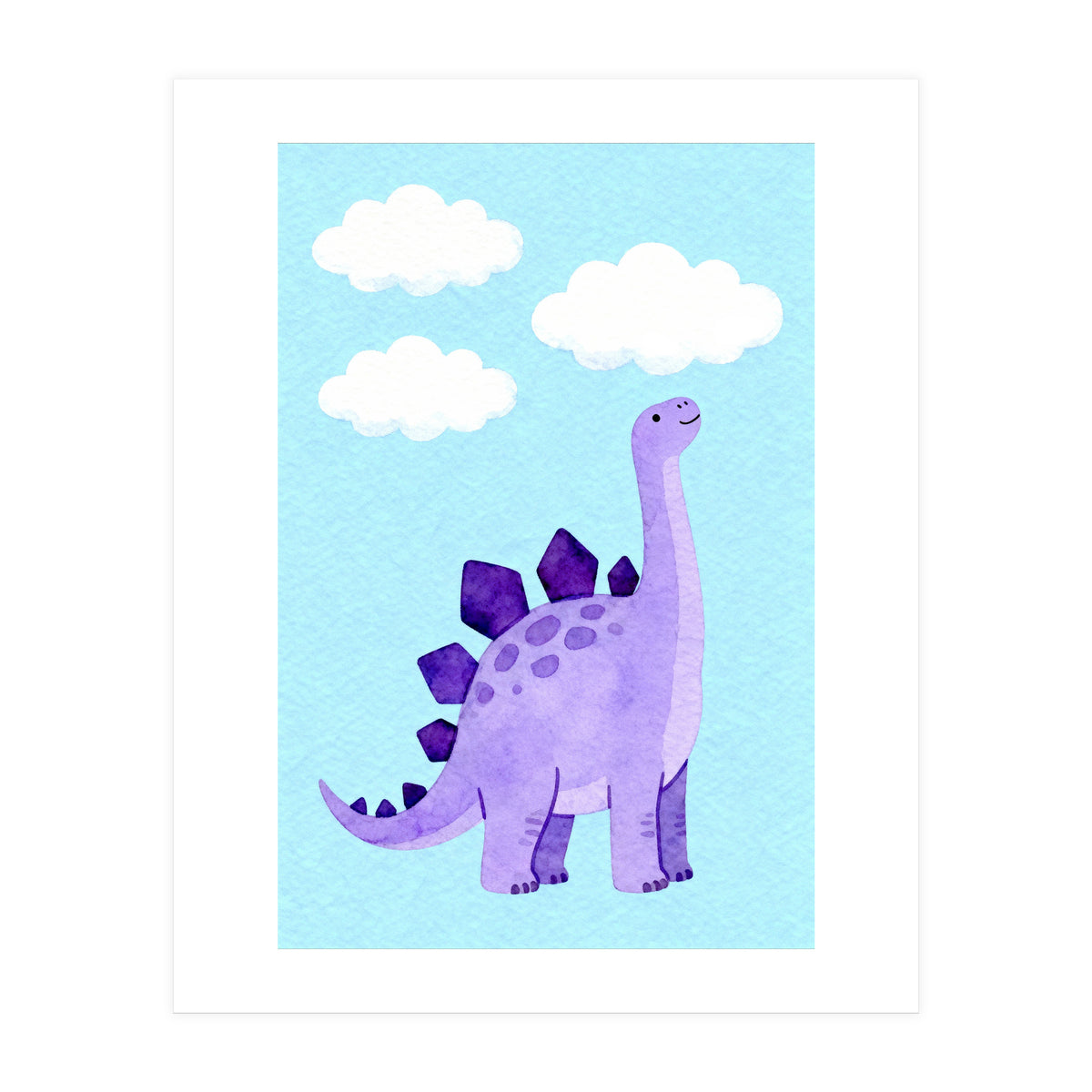 Purple Stegosaurus Watercolor Art, Cute Dinosaur Nursery Print, Dino and Clouds Illustration (Print Only)