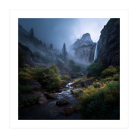 Majestic Misty Mountain Valley with Cascading Waterfall (Print Only)