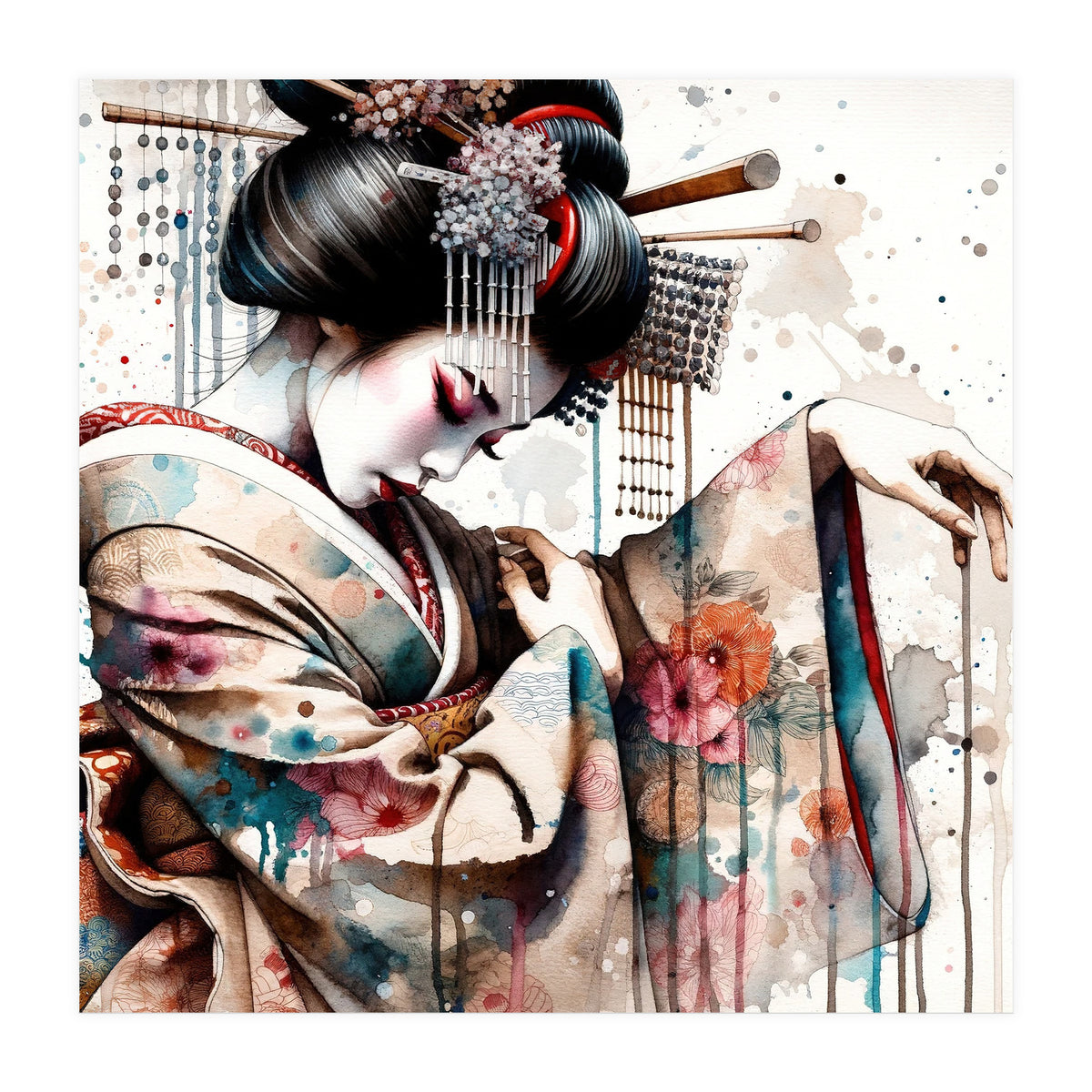 Watercolor Geisha Dancer #1 (Print Only)