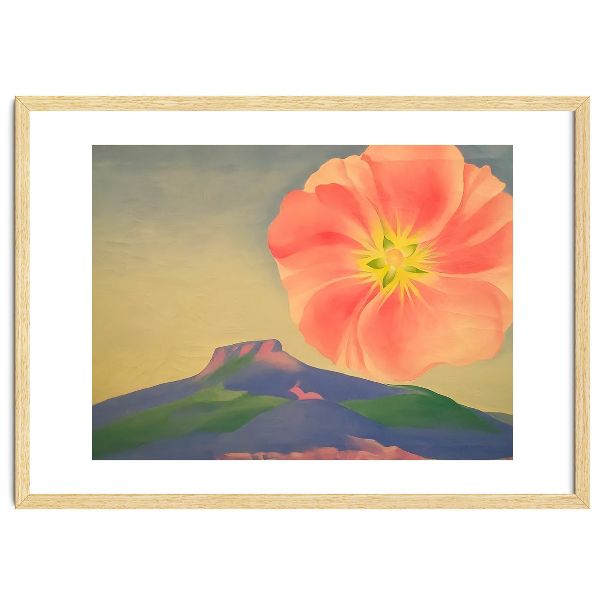 Georgia O’Keeffe – Hollyhock Pink with Pedernal (1937) | Vibrant Modernist Floral Landscape of New Mexico