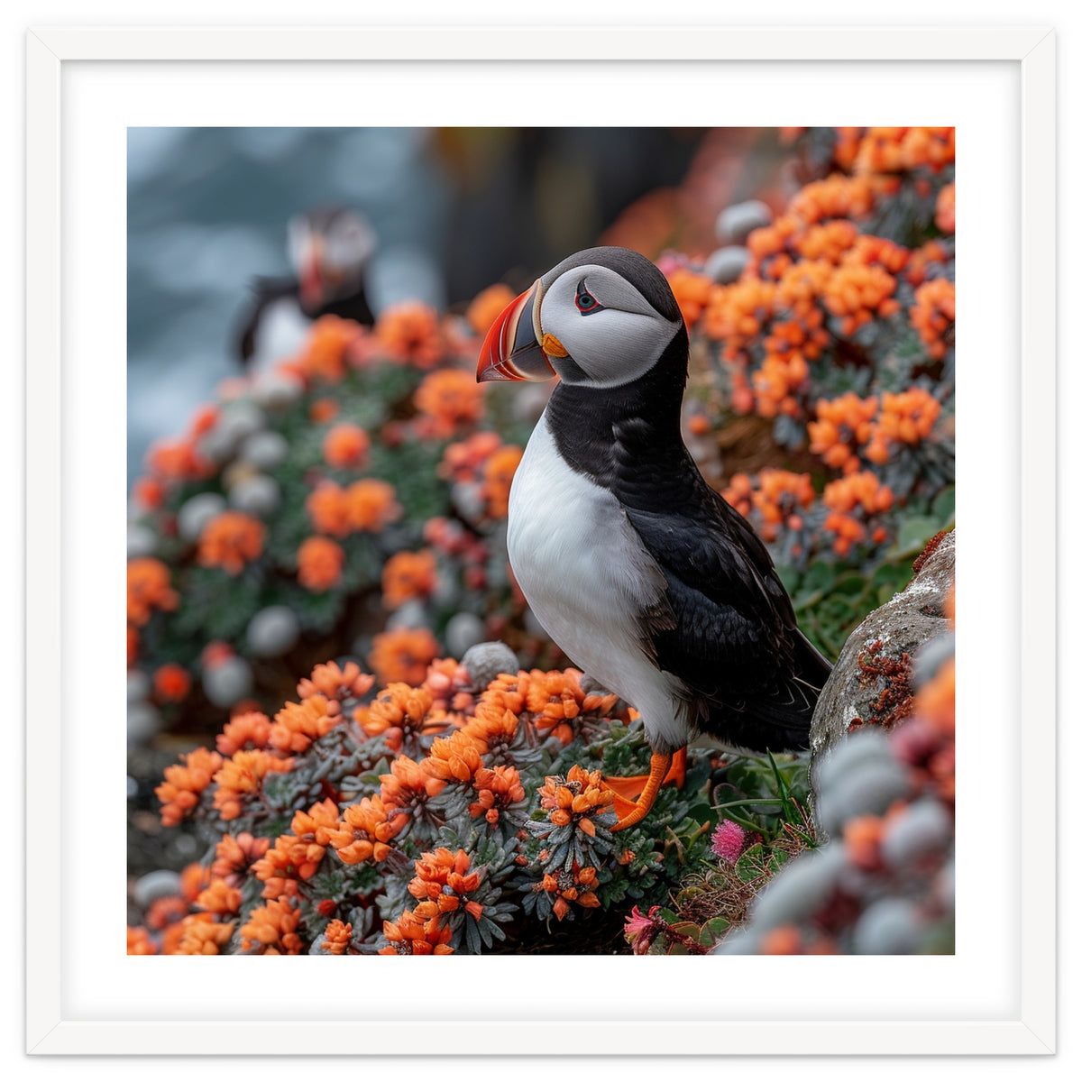Atlantic Puffin Bird Perched On Orange Flowers